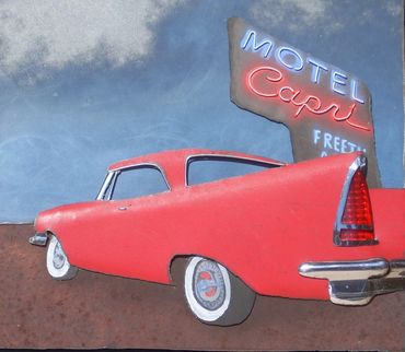 original metal art 50's vintage car with neon sign 