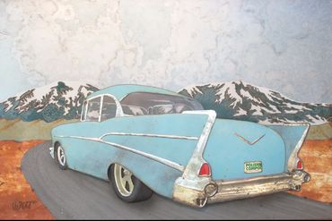 original metal art vintage 57 chevy car with road and mountains