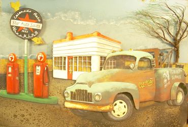 original metal art vintage tow truck gas station