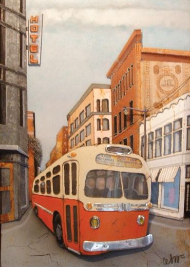 original metal art vintage downtown city bus and buildings