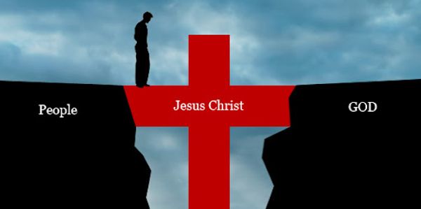 A red cross bridges a gap between people and God.