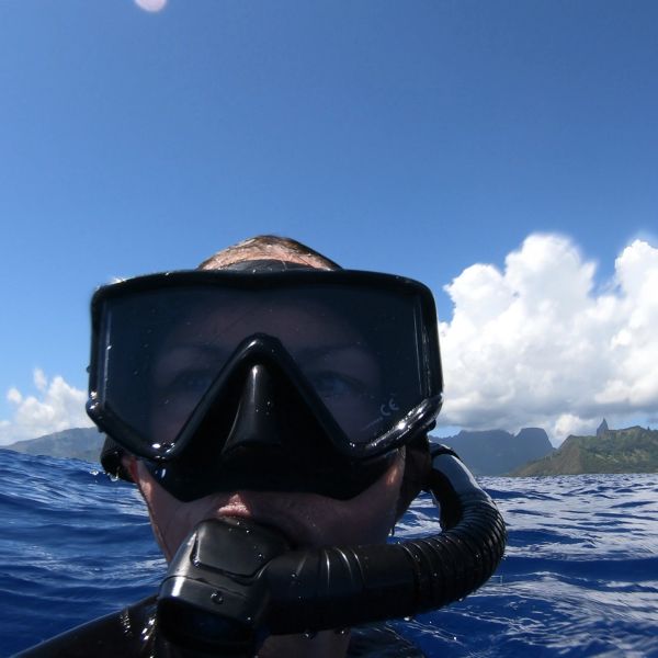 Person wearing snorkeling gear in the ocean with mountains in the background.