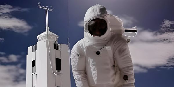 Astronaut in white suit near a tall structure against a cloudy sky.