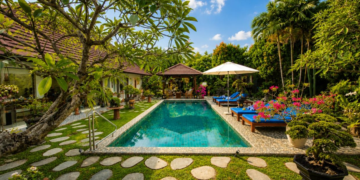 Sunny backyard with a pool and lounge chairs.