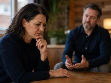 Woman looks thoughtful while man talks to her.
