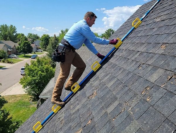Worker climbing a roof using a secured safety rail system.