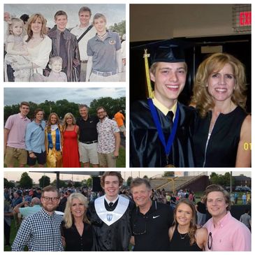 A collage showing family milestones and celebrations, including graduations and group photos.