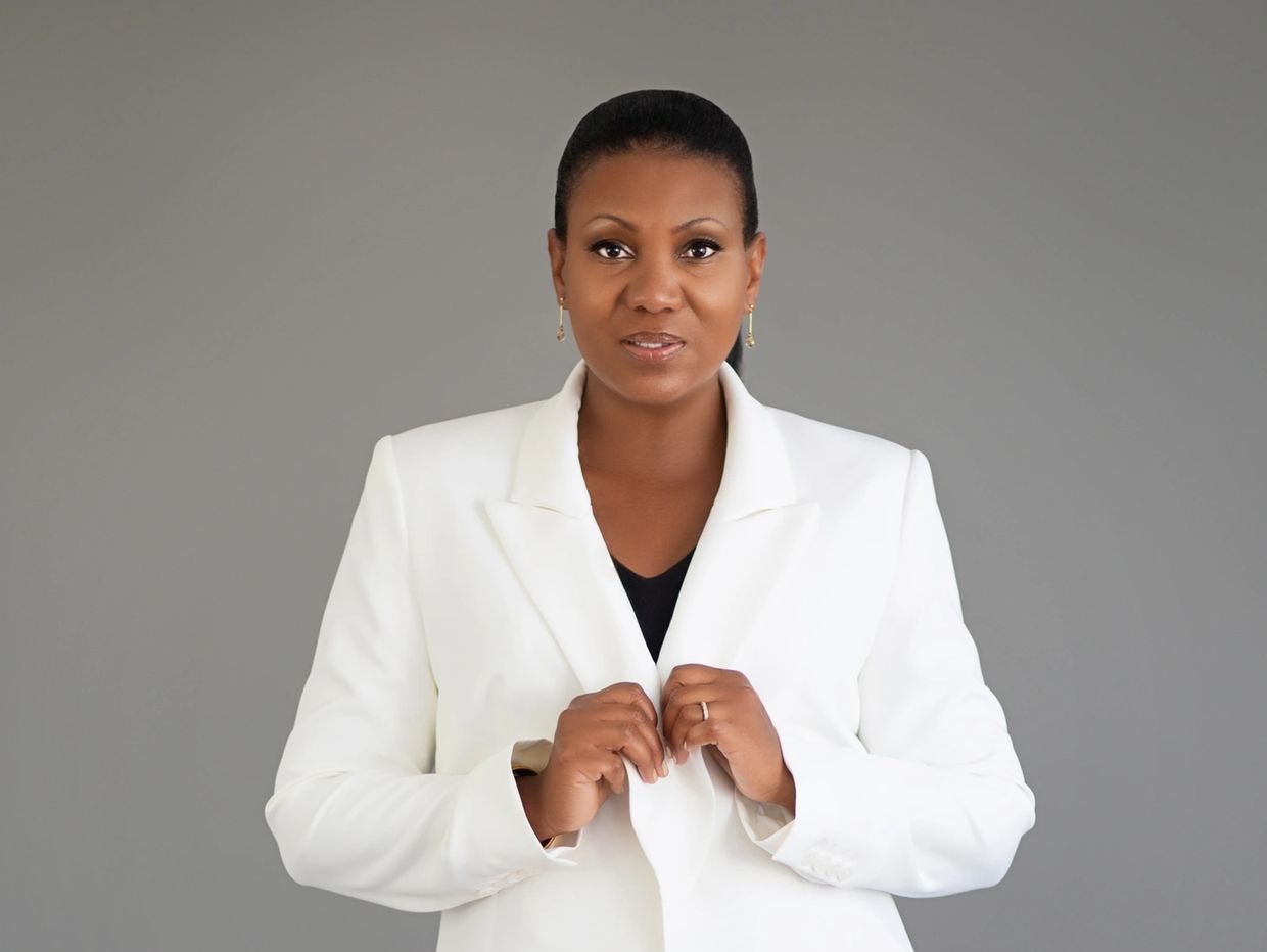 Confident woman in a white blazer against a gray background.