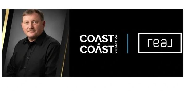 Portrait of a man with Coast to Coast Collective and Real logos on black background.