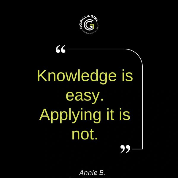 A quote written in green on a black background, "Knowledge is easy. Applying it is not."