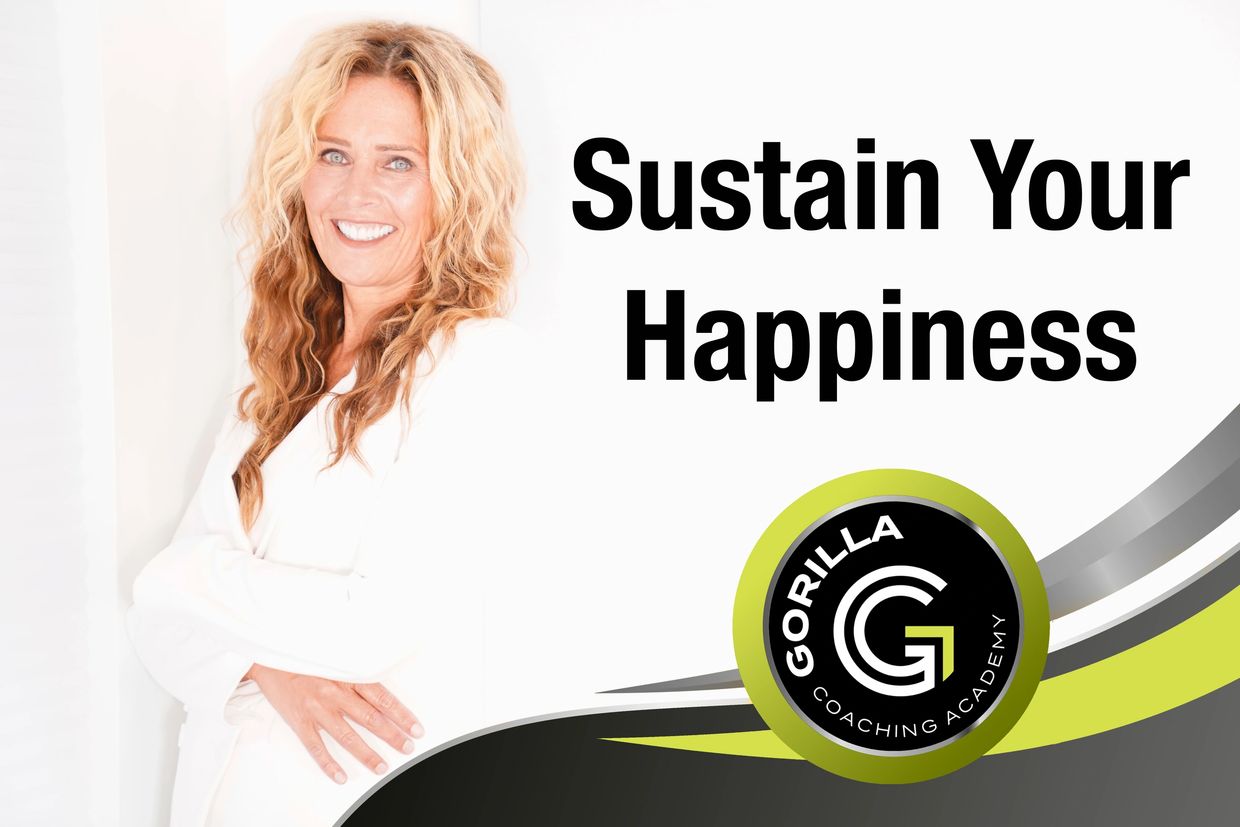 Smiling woman with text 'Sustain Your Happiness' and Gorilla Coaching Academy logo.