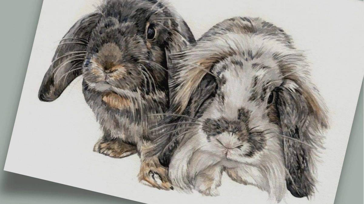 A hand-painted watercolour painting of two lop-eared rabbits side by side by UK artist Jo Shepherd