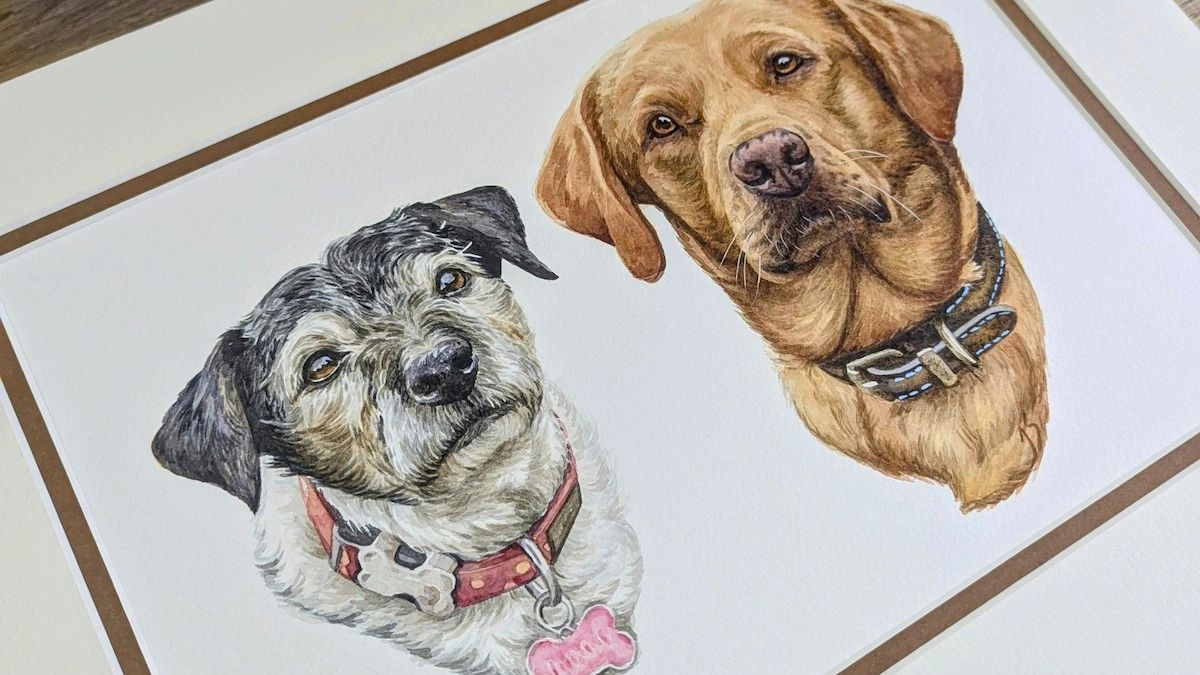 Hand-painted watercolour portrait of a Red Labrador and a Terrier finished with a mount