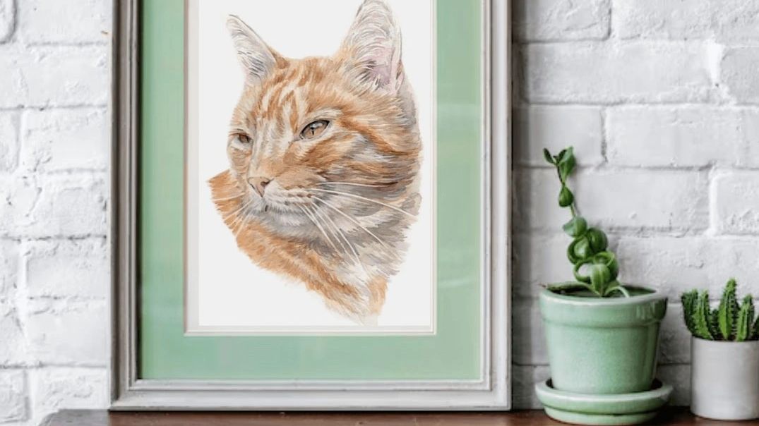 A framed custom watercolour painting of a ginger tabby cat by UK based artist jo shepherd