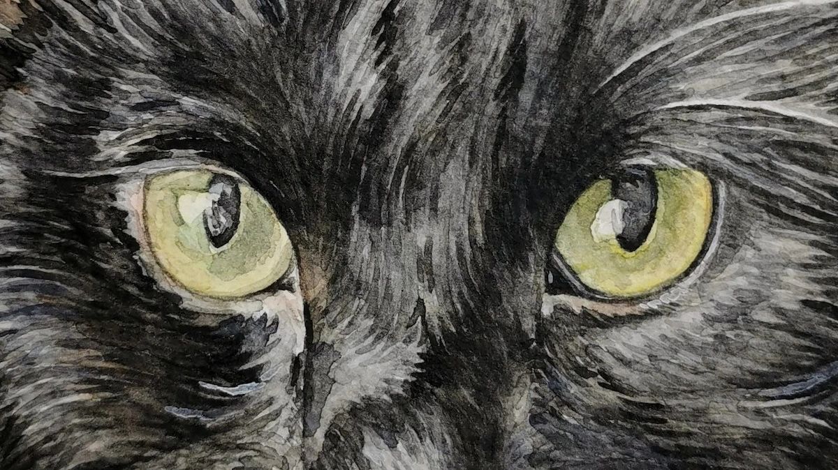 Close up showing the detail of a hand-painted watercolour cat portrait, focused on its green eyes