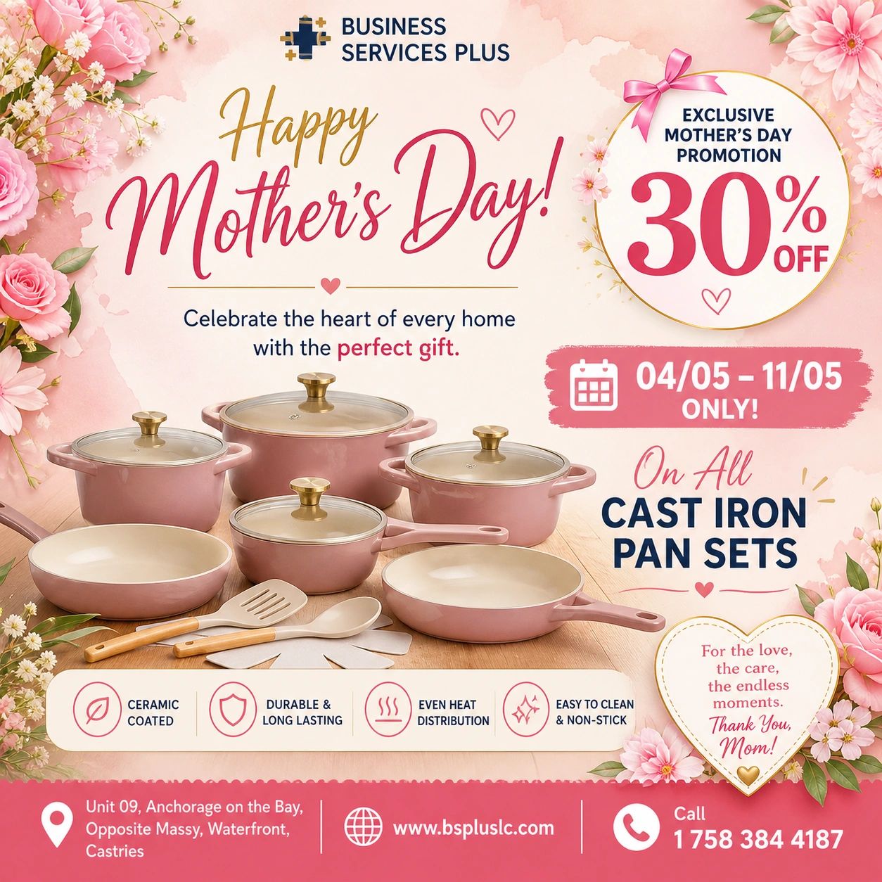 Mother's Day 30% off cast iron pan sets promotion with floral design.