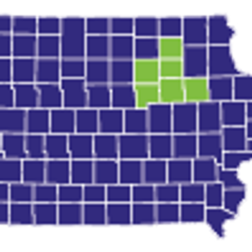 Map of Iowa highlighting certain counties in green.
