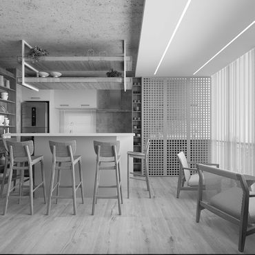 Modern minimalist kitchen with bar stools and open shelves in a bright living space.