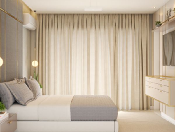 Modern bedroom with neutral tones and elegant decor.