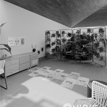 Modern indoor space with plants, children's play area, and furniture.