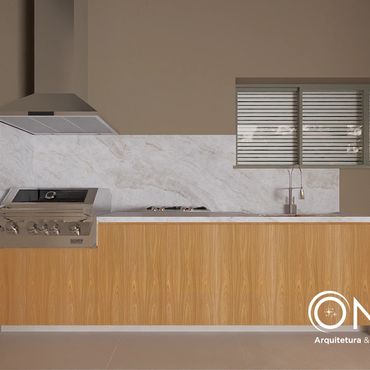 Modern kitchen with wooden cabinets and marble backsplash.