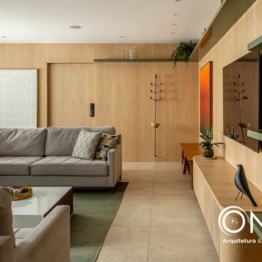 Modern living room with neutral tones and minimalist design.