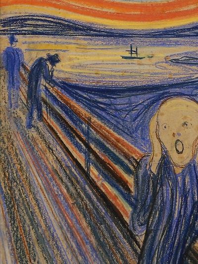 A person screams on a bridge under a swirling colorful sky.