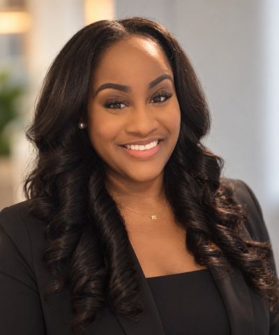 Smiling woman with long curly hair wearing a black blazer.