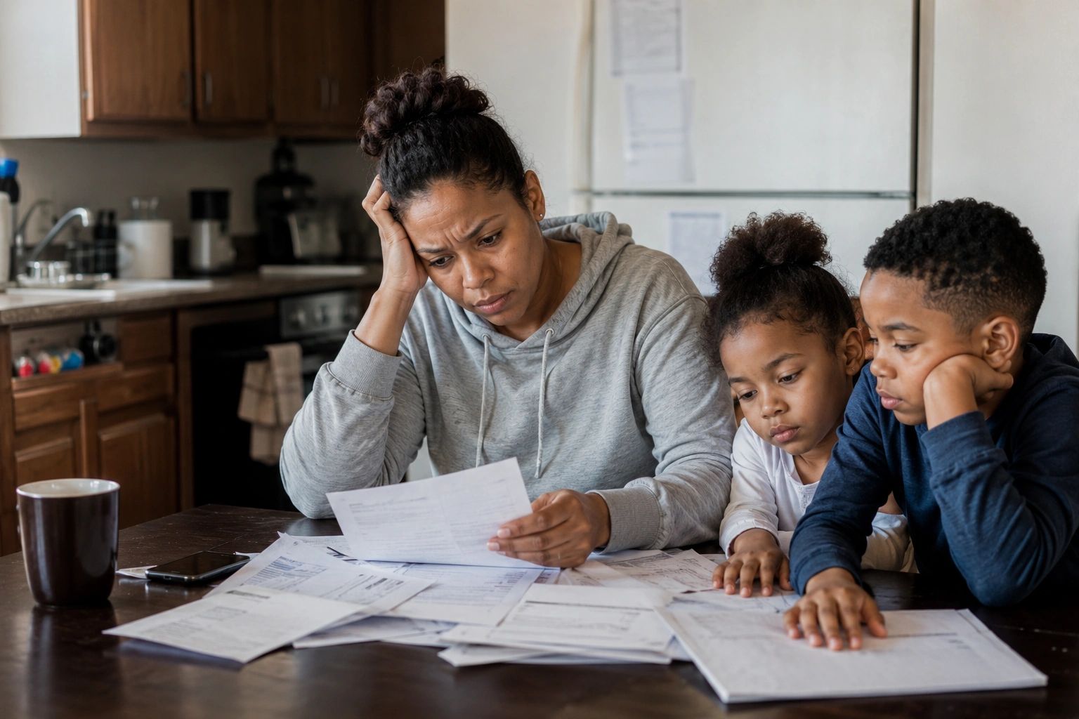 Mother with two young children at table with bills