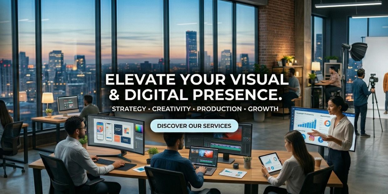 A modern office with digital marketing professionals working on data and design.
