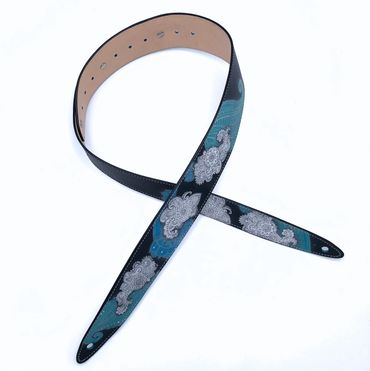 Original Flutterswine guitar strap, black & white and blue paisley design, hand painted leather.