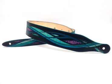 Teal, blue, black and purple “Wave” leather guitar strap, an original Flutterswine design