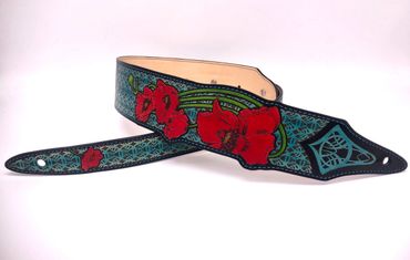 Poppy guitar strap, an original design by Flutterswine.  Hand painted leather