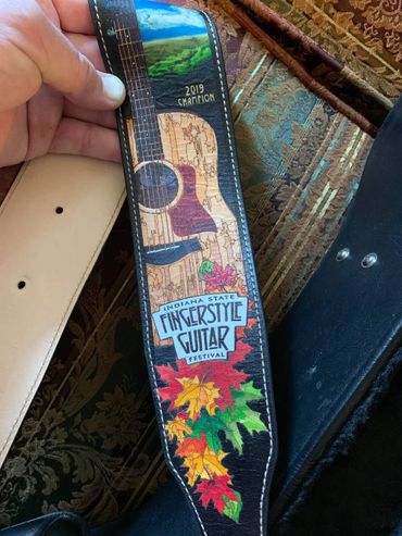 Fingerstyle Guitar Fest, first place prize original guitar strap, leaves and guitar -custom leather