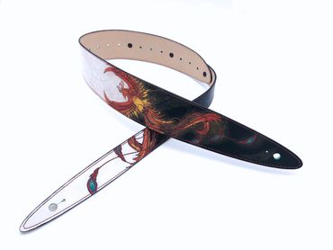Phoenix guitar strap, black & white with flaming Phoenix.  Hand painted leather guitar strap