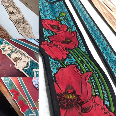 Progression of art, Red Poppy and teal guitar strap, an original Flutterswine design