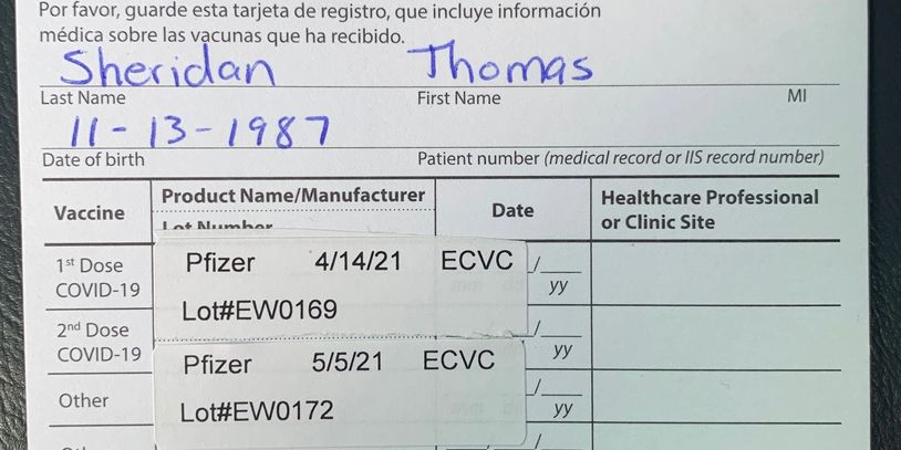 COVID-19 vaccination card for Sheridan Thomas, born 11-13-1987.