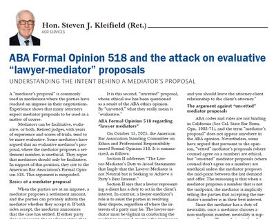 A document discussing ABA Formal Opinion 518 and lawyer-mediator proposals.