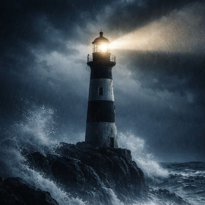 lighthouse shining in the midst of a storm with crashing waves
