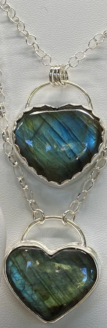 Labradorite bezel hearts on display. One of a kind.