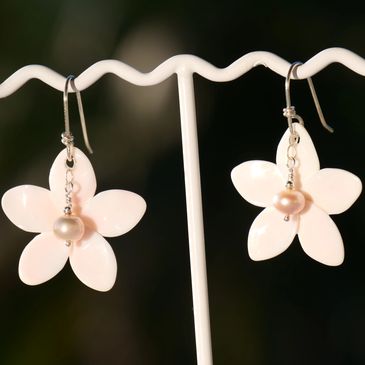 Pink conch shell earrings with sterling silver and freshwater pearls