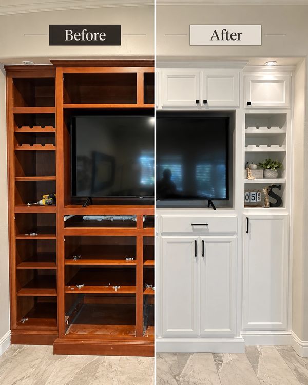TV cabinet transformed from wood to white with added doors and shelves.