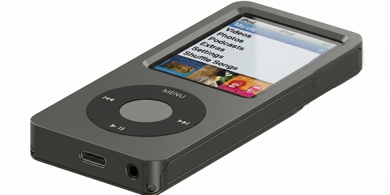 A classic iPod with a click wheel and menu on screen.