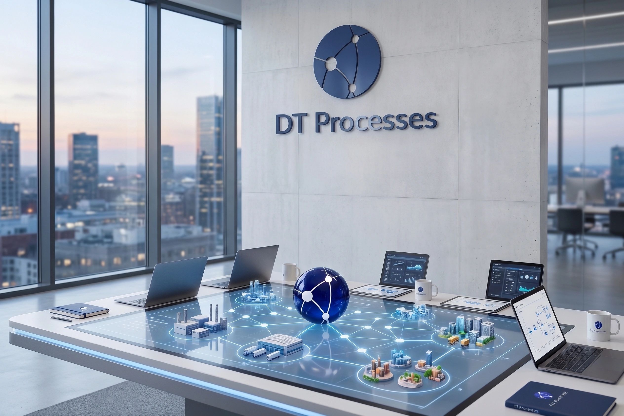 Oficina moderna con tecnología avanzada y logo de DT Processes.