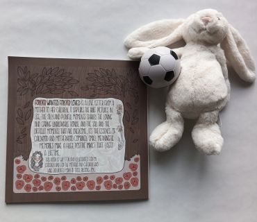 A sentimental art print with a stuffed bunny and soccer ball.
