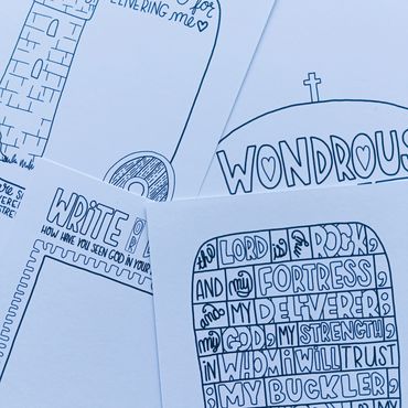 Black and white religious-themed coloring pages with text and drawings.