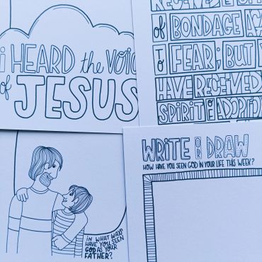 Hand-drawn religious illustration with text and characters.