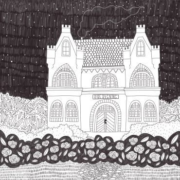 Black and white drawing of a house at night with flowers.