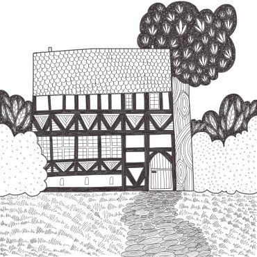 Black and white drawing of a detailed house with trees.