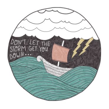 Boat in stormy seas with hopeful message.